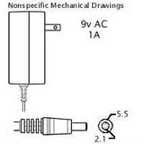 AC Adaptor: 9VAC 1A, 2.1x5.5mm