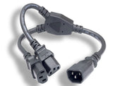 Power Y-Cord, IEC C14 Male to 2x C13 Females, 16AWG, 14"